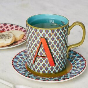 🆕️Anthropologie Parker Monogram Mug Letter A, bee and plaid design teal NWOT